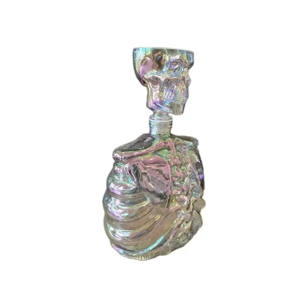 New Peal Glass Skeleton Rib Cage Decanter Bottle W/ Head Shot Glass Halloween